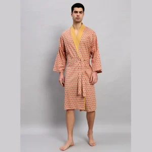 Men's Beige Floral Print Cotton Bathrobe - Image 3