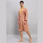 Men's Beige Floral Print Cotton Bathrobe - Image 4