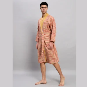 Men's Beige Floral Print Cotton Bathrobe - Image 4
