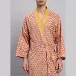 Men's Beige Floral Print Cotton Bathrobe - Image 2