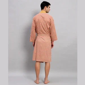 Men's Beige Floral Print Cotton Bathrobe - Image 6