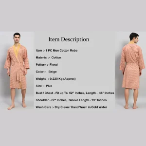 Men's Beige Floral Print Cotton Bathrobe - Image 7