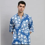 Men's Blue Oversized Cotton Shirts Floral Print - Image 5