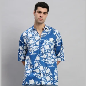 Men's Blue Oversized Cotton Shirts Floral Print - Image 5