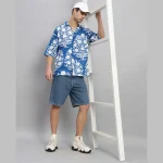 Men's Blue Oversized Cotton Shirts Floral Print