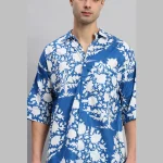 Men's Blue Oversized Cotton Shirts Floral Print - Image 9