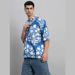Men's Blue Oversized Cotton Shirts Floral Print - Image 4