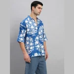 Men's Blue Oversized Cotton Shirts Floral Print - Image 3