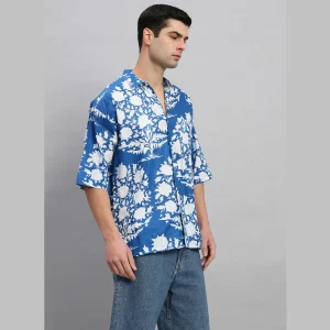 Men's Blue Oversized Cotton Shirts Floral Print - Image 3