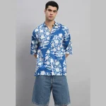 Men's Blue Oversized Cotton Shirts Floral Print - Image 2