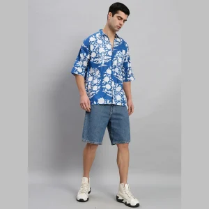 Men's Blue Oversized Cotton Shirts Floral Print - Image 6