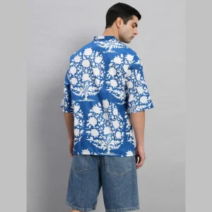 Men's Blue Oversized Cotton Shirts Floral Print - Image 10