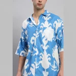 Men's Oversized Cotton Shirt Turquoise Floral - Image 9