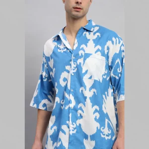 Men's Oversized Cotton Shirt Turquoise Floral - Image 9