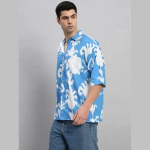Men's Oversized Cotton Shirt Turquoise Floral - Image 4