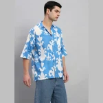 Men's Oversized Cotton Shirt Turquoise Floral - Image 3