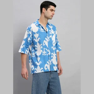 Men's Oversized Cotton Shirt Turquoise Floral - Image 3