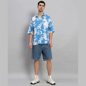 Men's Oversized Cotton Shirt Turquoise Floral - Image 5