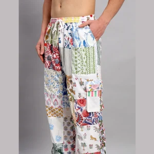 Men's White Patchwork Baggy Trousers - Image 3