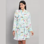 Mint Green Leaf Print Satin Silk Nightwear Kimono Bath Robe - Image 2