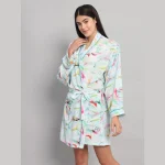 Mint Green Leaf Print Satin Silk Nightwear Kimono Bath Robe - Image 4