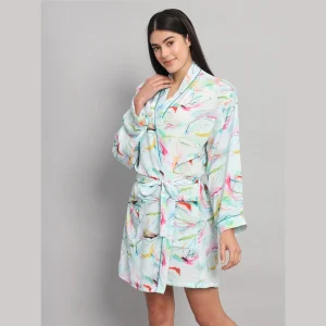 Mint Green Leaf Print Satin Silk Nightwear Kimono Bath Robe - Image 4