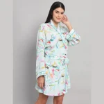 Mint Green Leaf Print Satin Silk Nightwear Kimono Bath Robe - Image 5