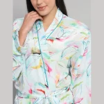 Mint Green Leaf Print Satin Silk Nightwear Kimono Bath Robe - Image 6
