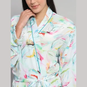 Mint Green Leaf Print Satin Silk Nightwear Kimono Bath Robe - Image 6
