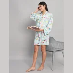 Mint Green Leaf Print Satin Silk Nightwear Kimono Bath Robe