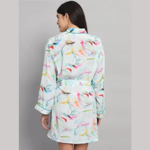 Mint Green Leaf Print Satin Silk Nightwear Kimono Bath Robe - Image 7