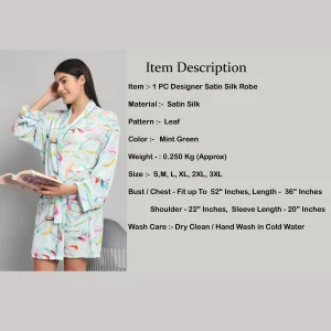 Mint Green Leaf Print Satin Silk Nightwear Kimono Bath Robe - Image 8