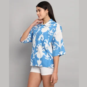 Oversized Casual Shirt Turquoise Ikat Printed - Image 5