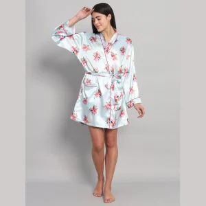 Pale Blue Floral Print Silk Bathrobe Dress - Image 6