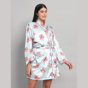 Pale Blue Floral Print Silk Bathrobe Dress - Image 3