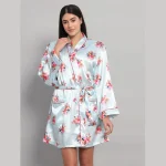 Pale Blue Floral Print Silk Bathrobe Dress - Image 4