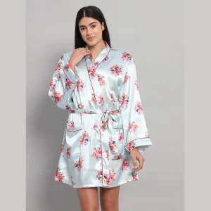 Pale Blue Floral Print Silk Bathrobe Dress - Image 4