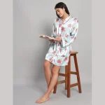 Pale Blue Floral Print Silk Bathrobe Dress