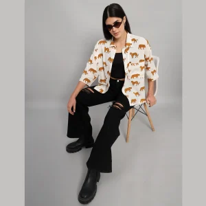 Panther Printed Short Sleeve White Oversized Shirts - Image 3