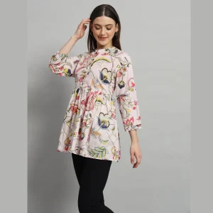 Pink Floral Print Cotton Tops Dress - Image 3