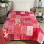 Pink Kantha Quilt Handmade Cotton Patchwork Bedspread