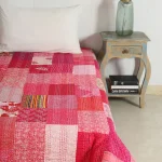 Pink Kantha Quilt Handmade Cotton Patchwork Bedspread - Image 2