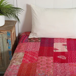Pink Kantha Quilt Handmade Cotton Patchwork Bedspread - Image 4