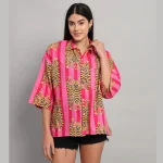 Pink & Red Striped Print Cotton Oversized Shirts - Image 2