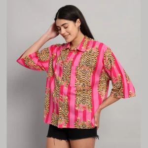 Pink & Red Striped Print Cotton Oversized Shirts - Image 3