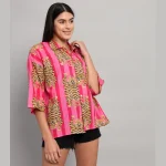 Pink & Red Striped Print Cotton Oversized Shirts - Image 5