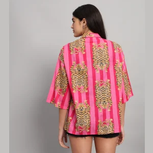 Pink & Red Striped Print Cotton Oversized Shirts - Image 10