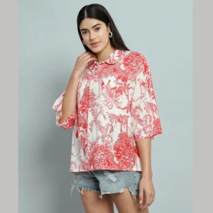 Red Forest Printed Cotton Oversized Shirt - Image 3