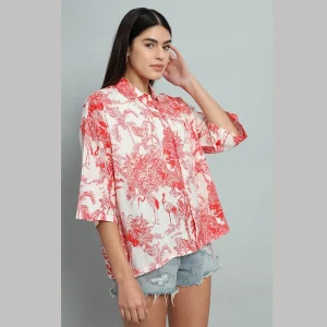 Red Forest Printed Cotton Oversized Shirt - Image 4