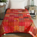 Red Patchwork Silk Fabric Single Size Kantha Quilt